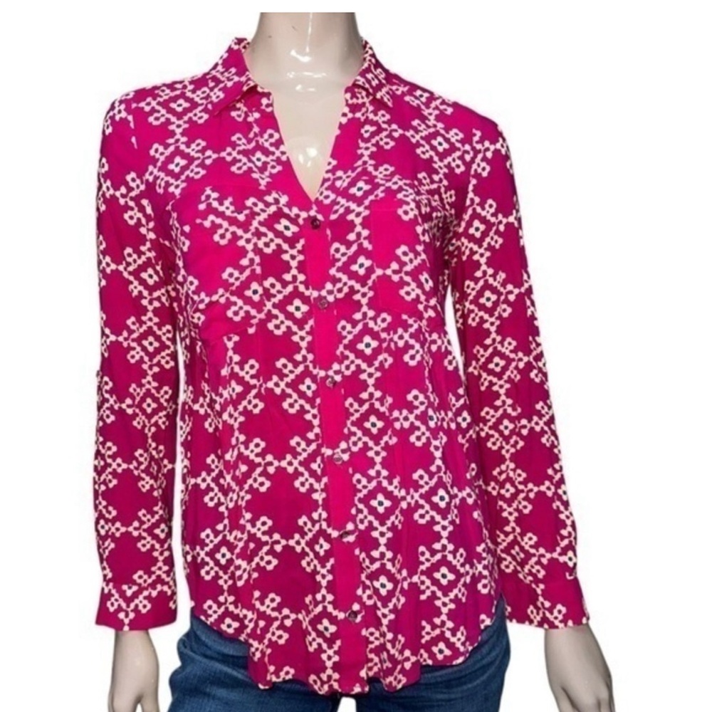Maeve Anthropologie Women’s 6 Magenta Pink Geometric Print Button Down Shirt